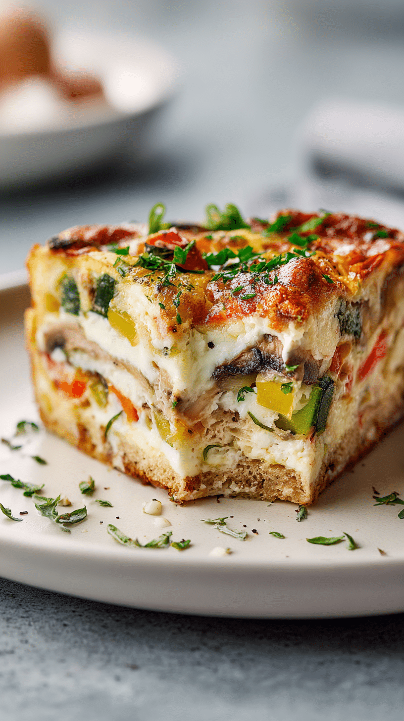 Slice of breakfast casserole showing layers of eggs, bread, cheese, and vegetables