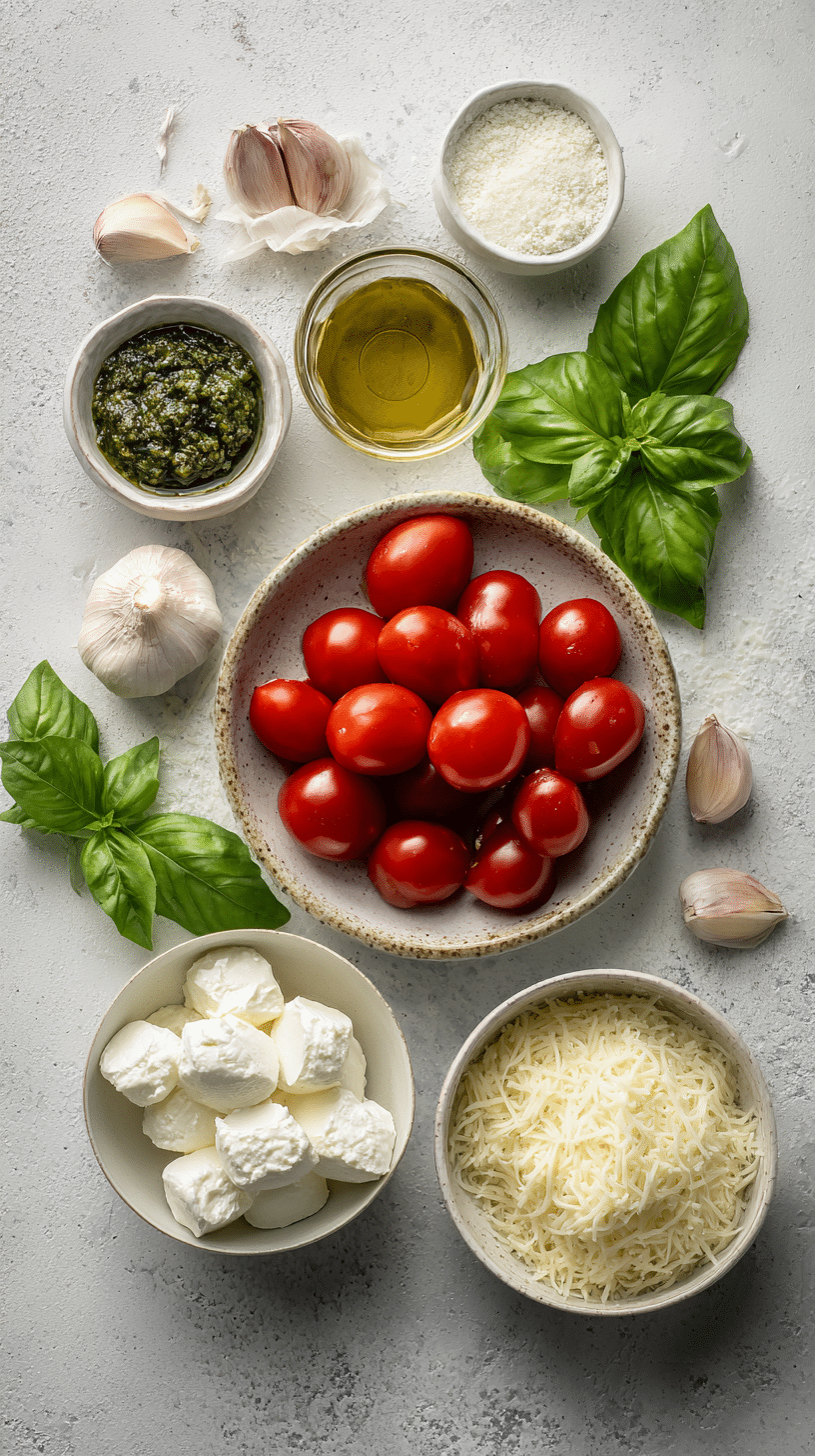 Ingredients for Caprese Dip Recipe arranged on a countertop