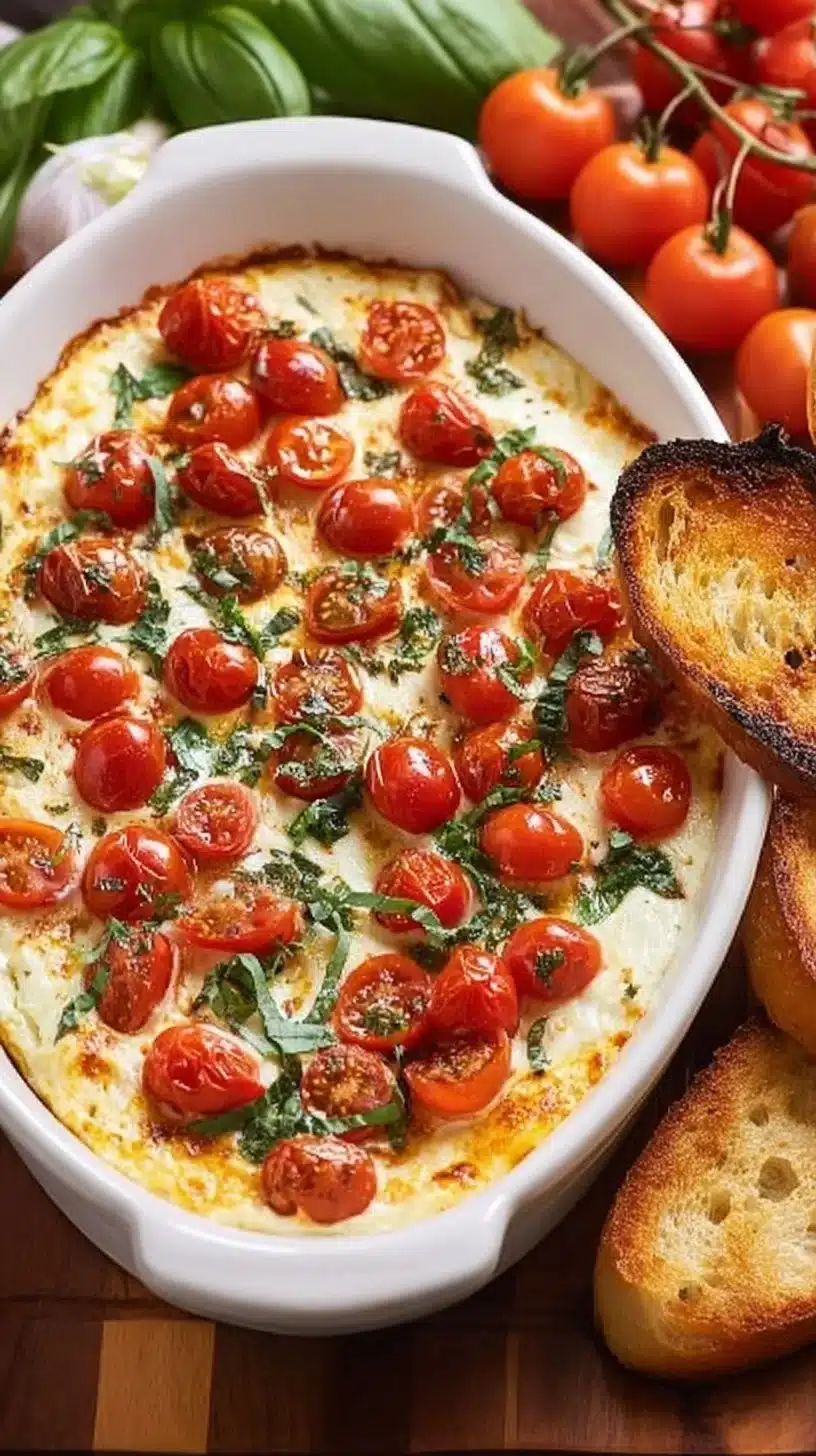 Delicious Caprese Dip made with tomatoes, mozzarella, and basil