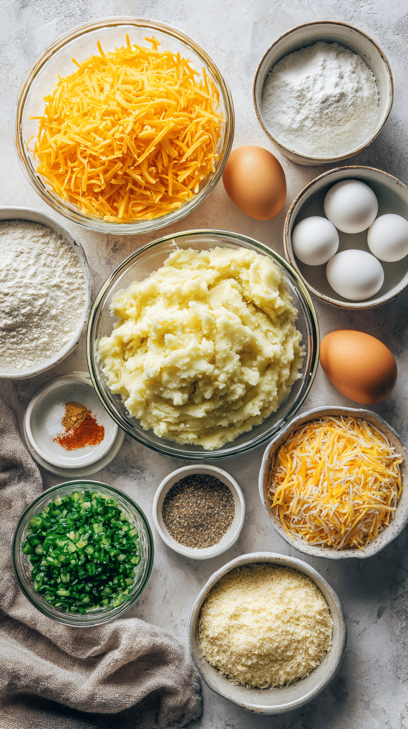 Ingredients for Cheesy Mashed Potato Puffs arranged on a clean kitchen surface