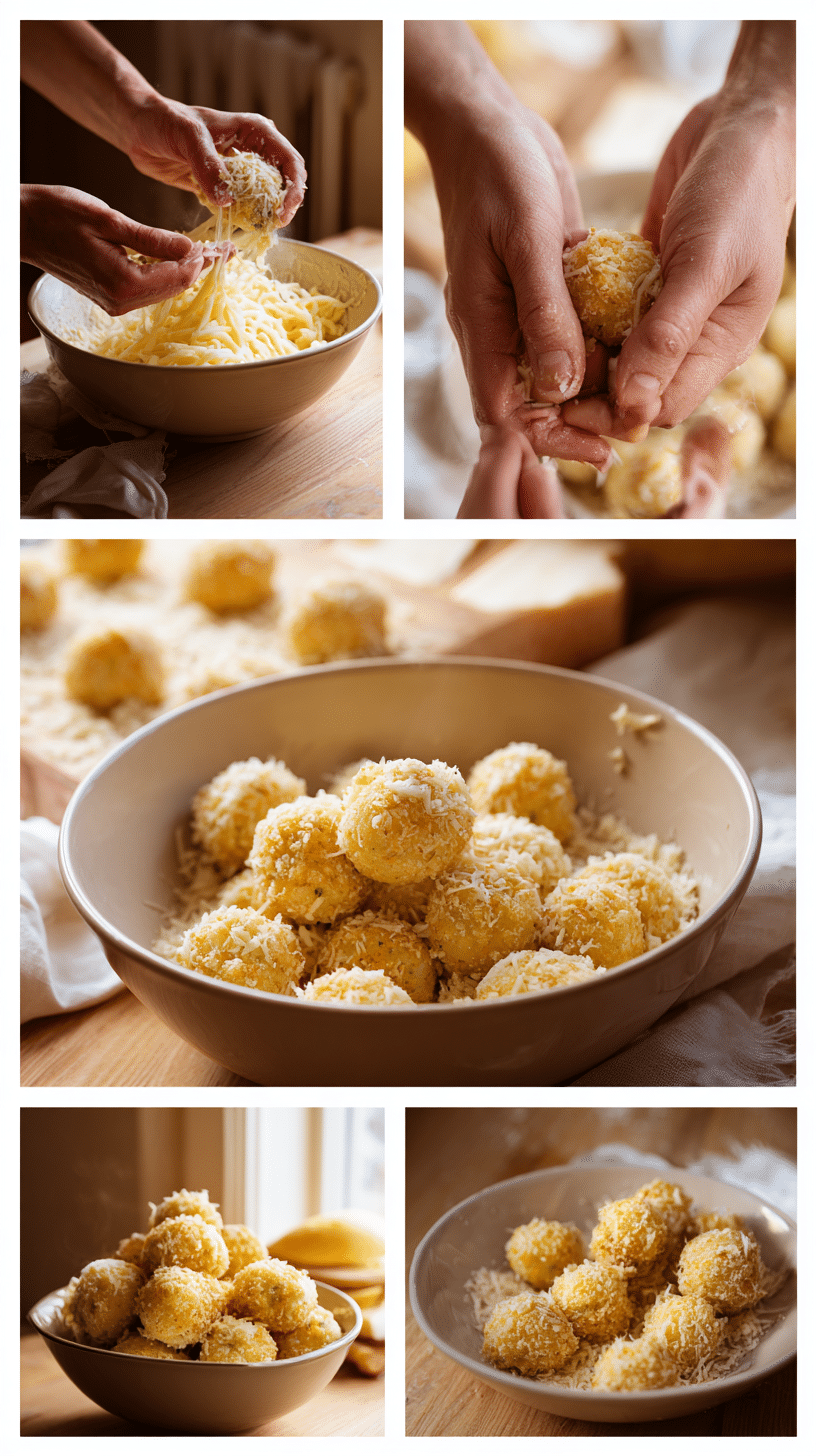 Step-by-step process of making Cheesy Mashed Potato Puffs from mixing to baking