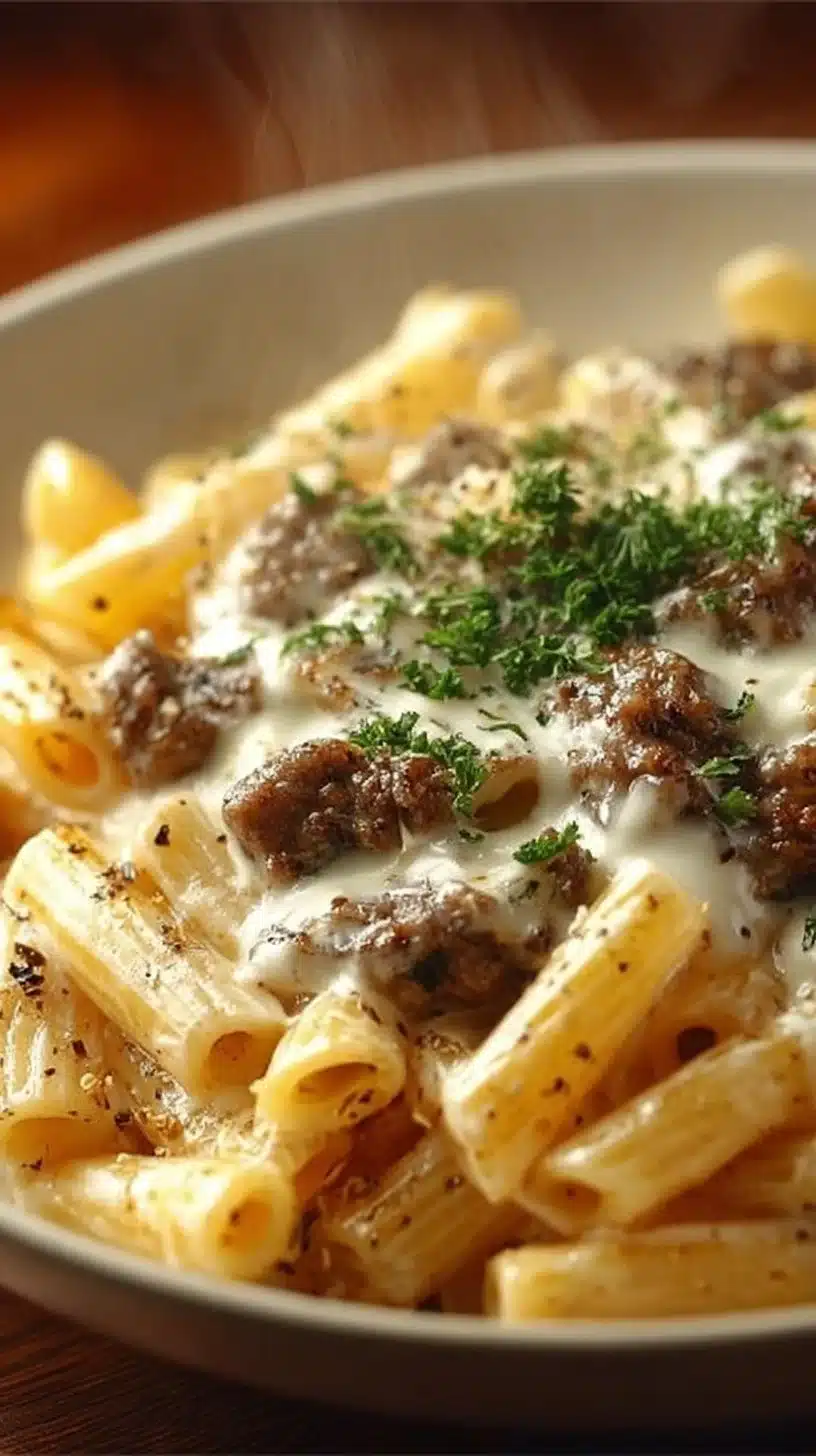 Cheesy penne pasta with garlic butter ground beef served in a bowl