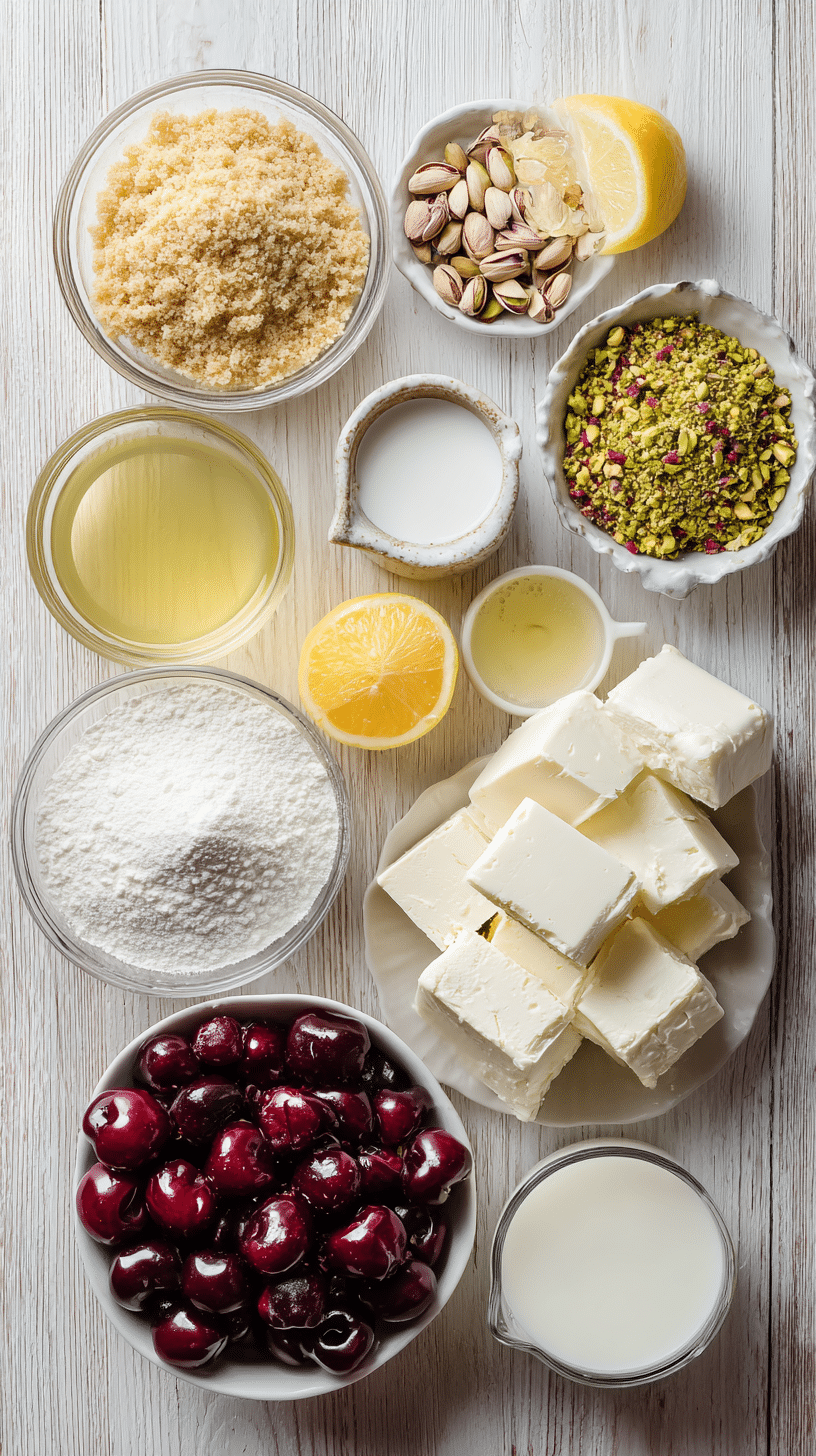 Ingredients for a Cherry Pistachio Cheesecake Recipe arranged neatly on a wooden surface.