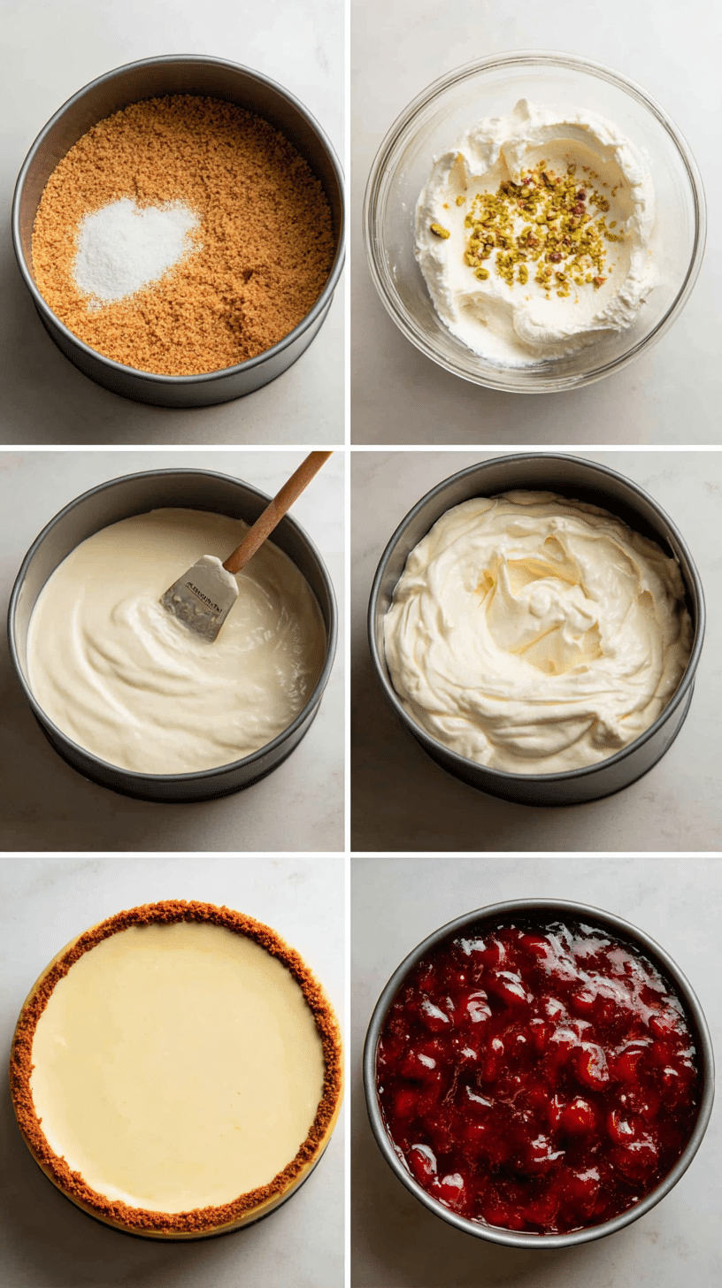 Four-step collage showing how to make a Cherry Pistachio Cheesecake, from crust to filling to cherry topping.