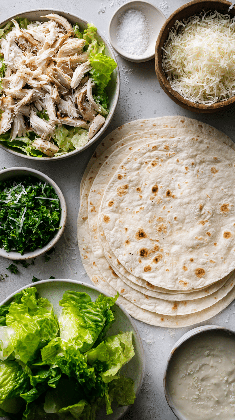 Ingredients for Chicken Caesar Wrap arranged neatly on a light surface.