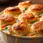 Chicken Pot Pie Casserole with golden biscuit topping baked in a casserole dish