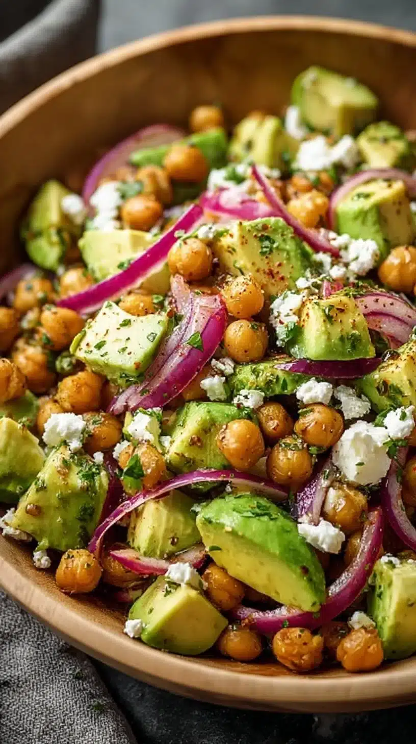 Chickpea feta avocado salad with vibrant vegetables and herbs in a bowl