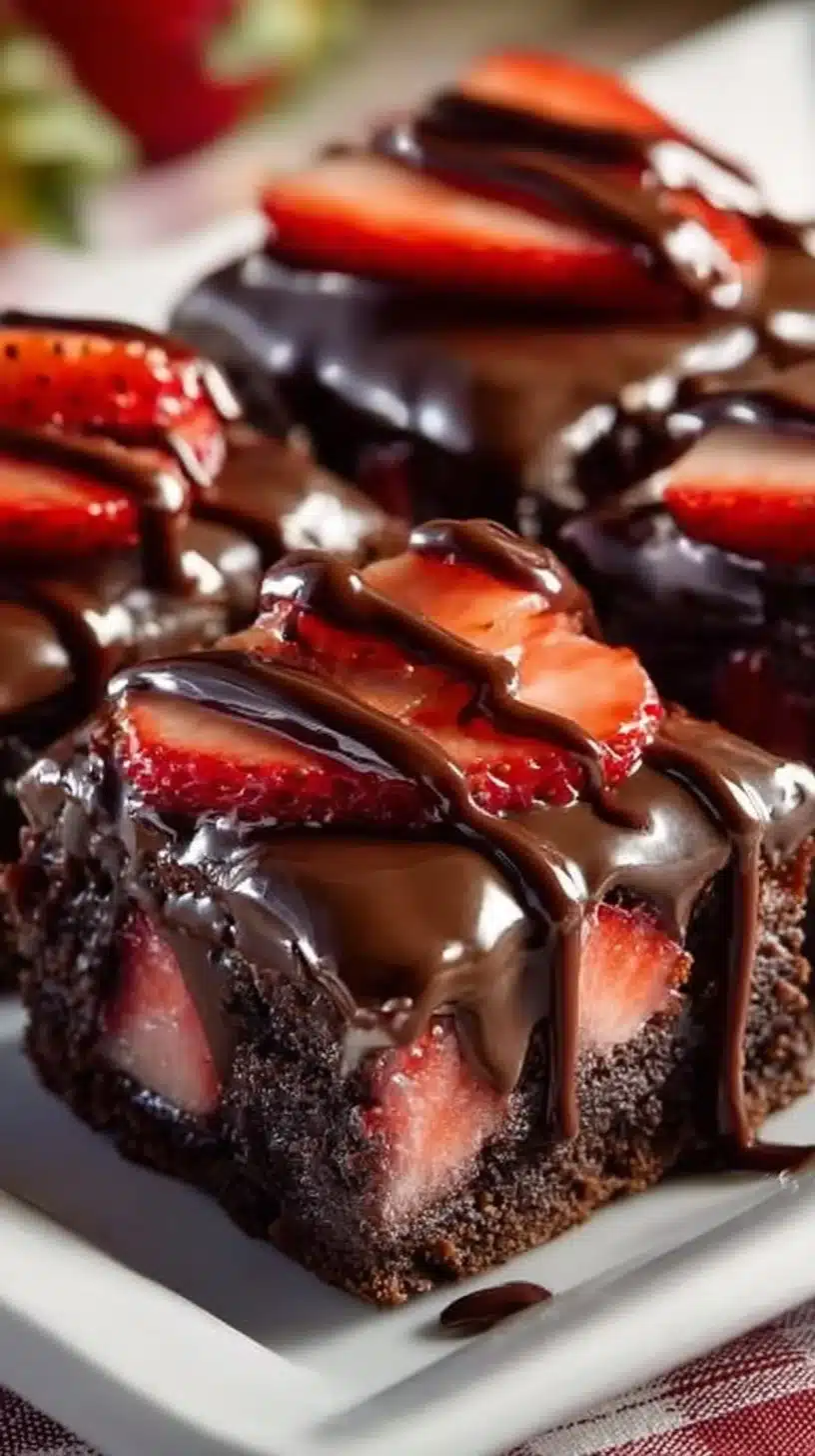 Delicious chocolate covered strawberry brownies topped with fresh strawberries