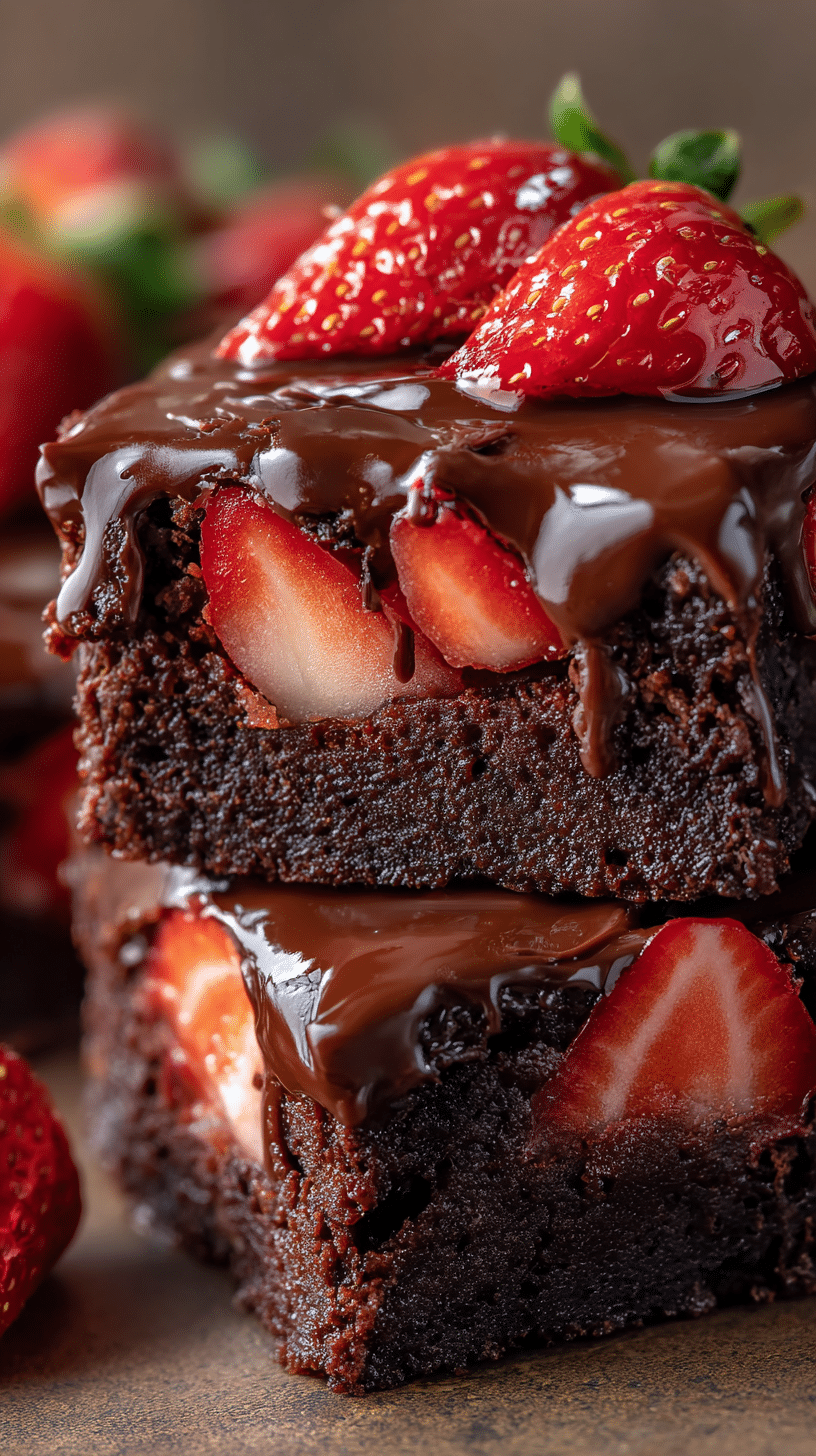 Close-up of sliced Chocolate Covered Strawberry Brownies with fudgy center and glossy ganache.