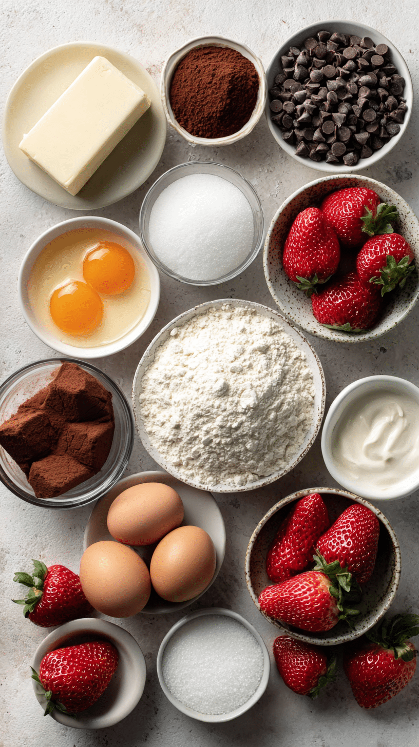 Measured ingredients for Chocolate Covered Strawberry Brownies arranged on a light surface.