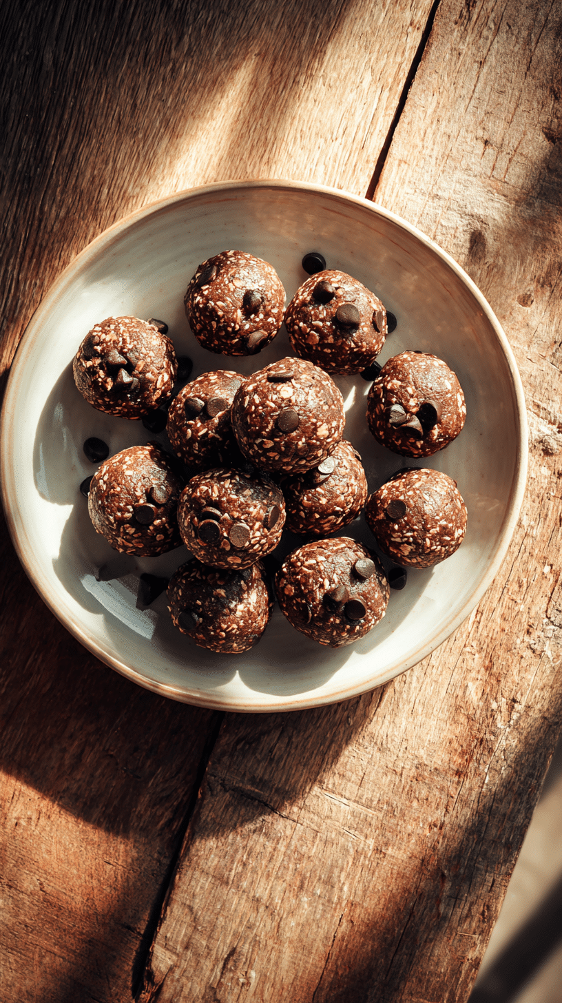 Plate of chocolate protein balls with mini chocolate chips, arranged on a rustic wooden table