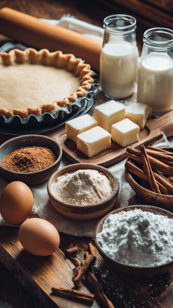 Ingredients for a Cinnamon-Vanilla Custard Pie arranged on a wooden surface, including eggs, milk, sugar, spices, and pie crust dough.
