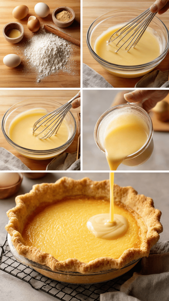 A close-up view of the custard mixture being whisked for a Cinnamon-Vanilla Custard Pie on a wooden counter.