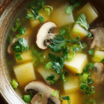 Bowl of classic winter melon soup with winter melon, mushrooms, scallions, and cilantro
