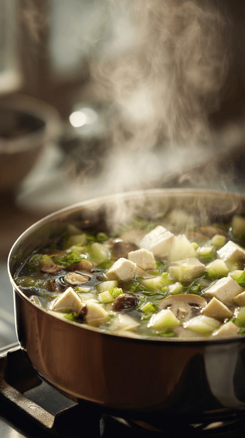 Pot of classic winter melon soup simmering on the stove with winter melon and mushrooms
