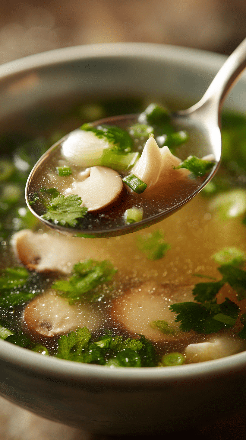 Spoonful of classic winter melon soup showing tender melon cubes and mushrooms in clear broth