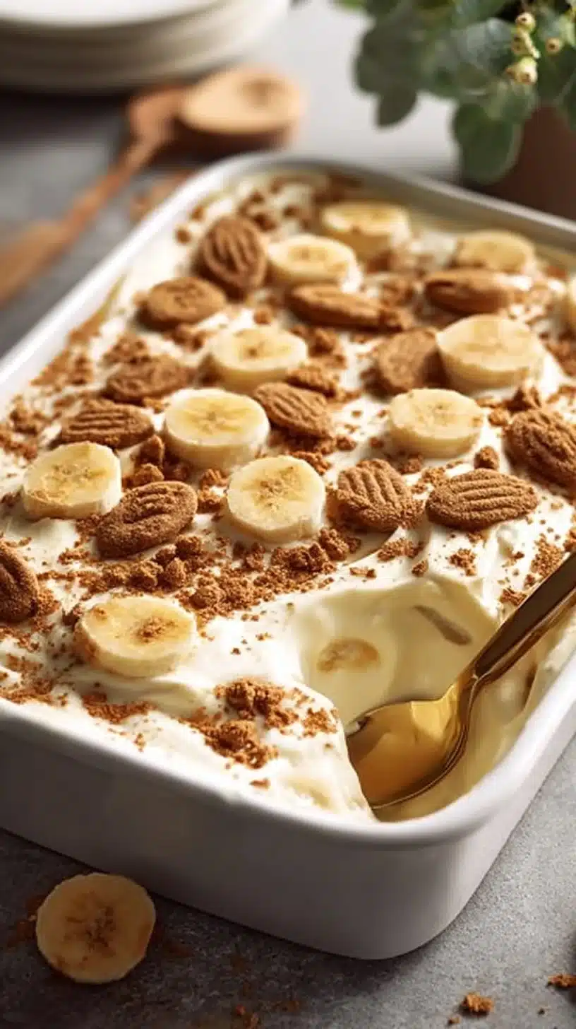 Creamy Biscoff banana pudding served in a glass with banana slices and Biscoff cookies