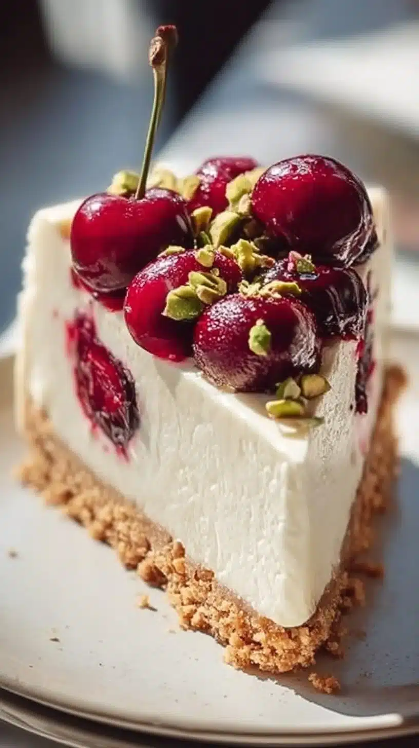 Slice of creamy cherry pistachio cheesecake topped with cherries and pistachios