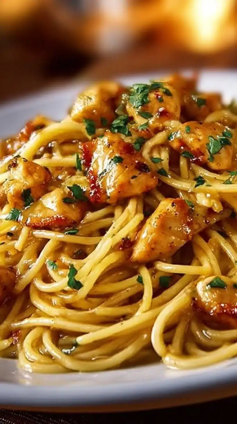 Creamy Chicken Spaghetti Bake topped with cheese and herbs, ready to serve.