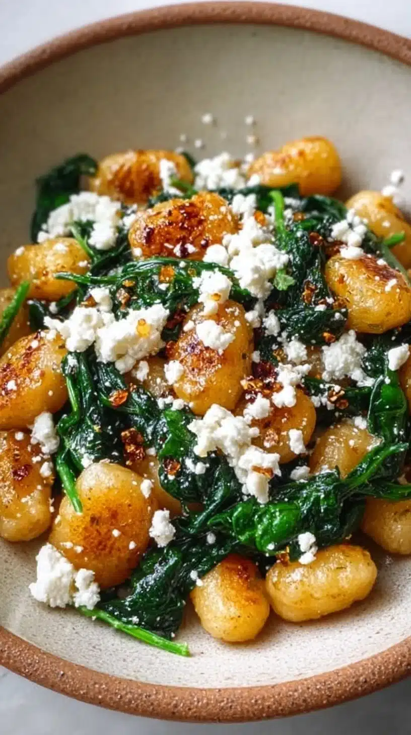 Creamy gnocchi with spinach and feta served in a bowl