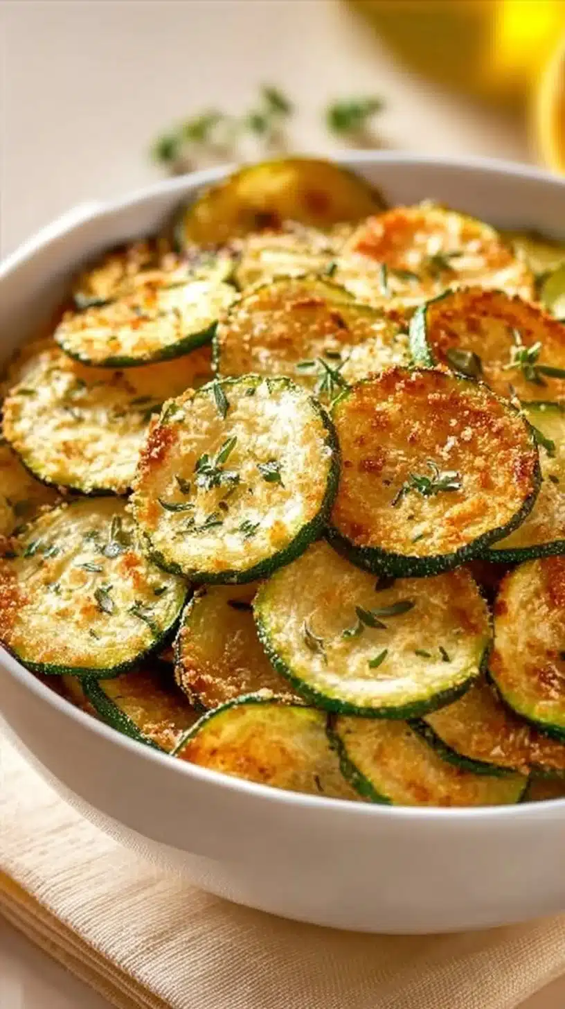 Crispy oven baked zucchini chips served on a plate