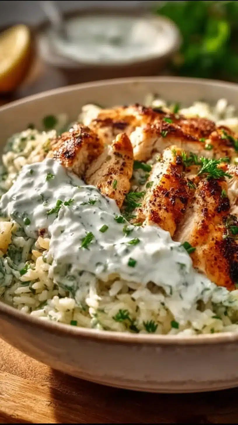 Delicious dump-and-bake chicken tzatziki casserole served in a baking dish.