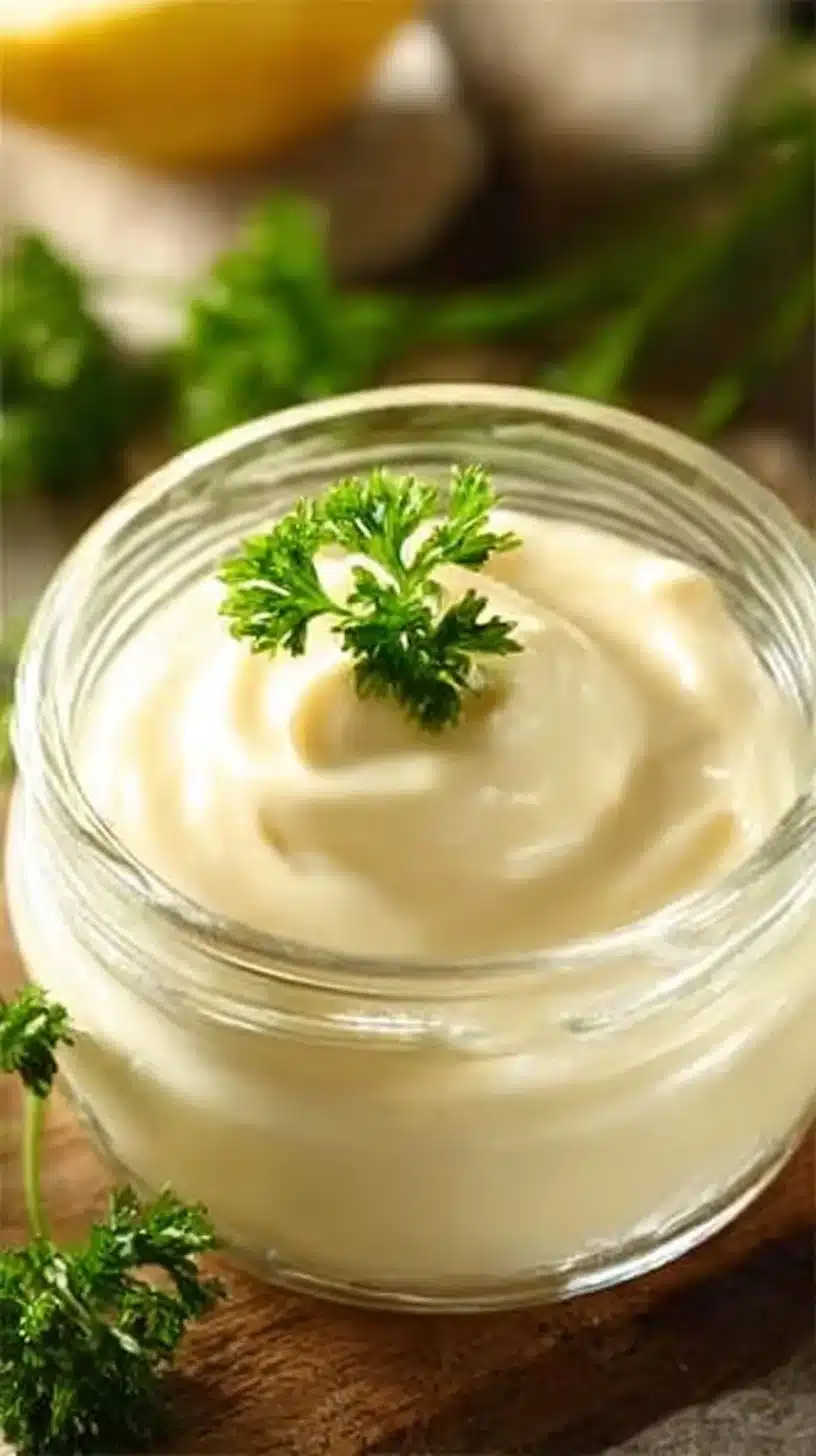 A jar of easy homemade mayonnaise with ingredients displayed around it