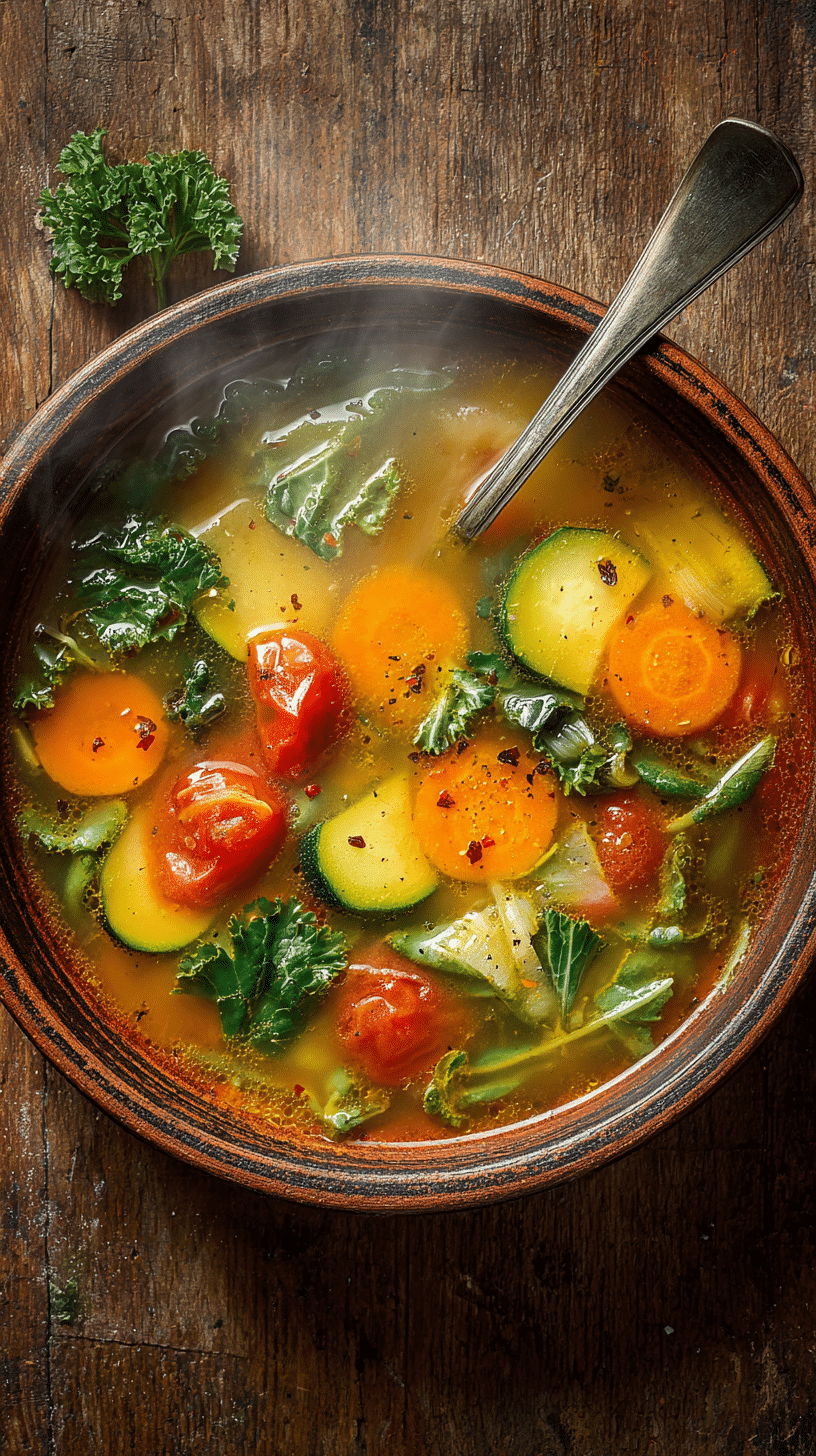 Cozy bowl of easy vegetable soup with carrots, zucchini, tomatoes, and greens