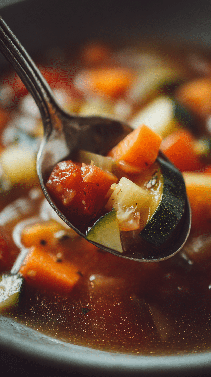 Spoonful of easy vegetable soup showing tender vegetables in a light broth