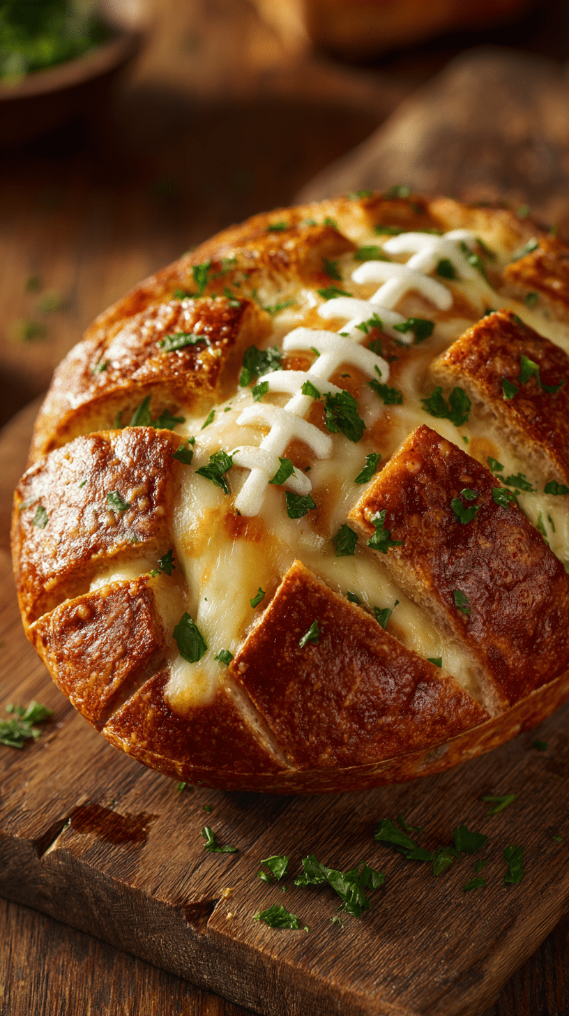 Football Shaped Cheesy Stuffed Garlic Bread with melted mozzarella and garlic butter