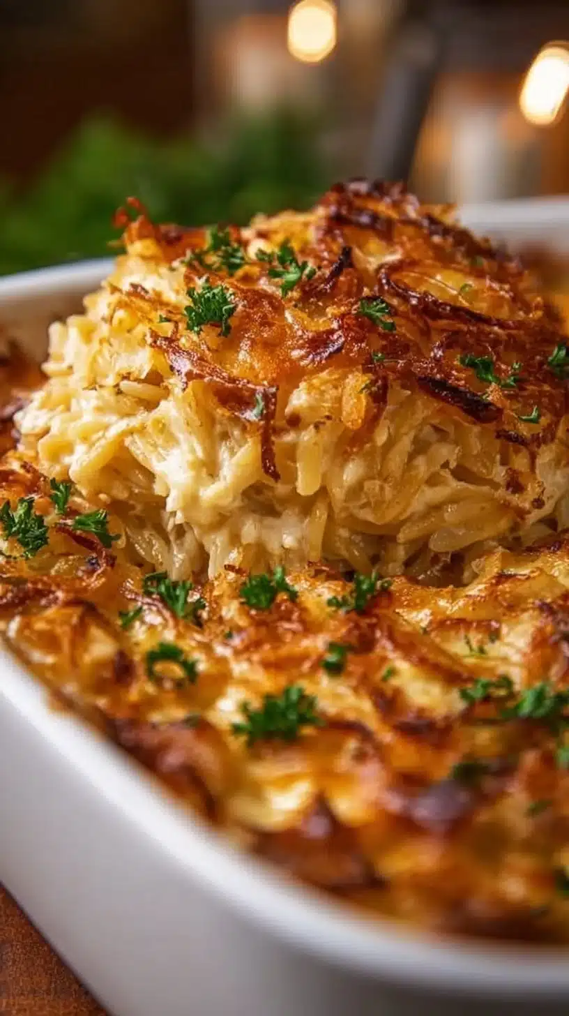 Delicious French Onion Chicken Orzo Casserole topped with melted cheese