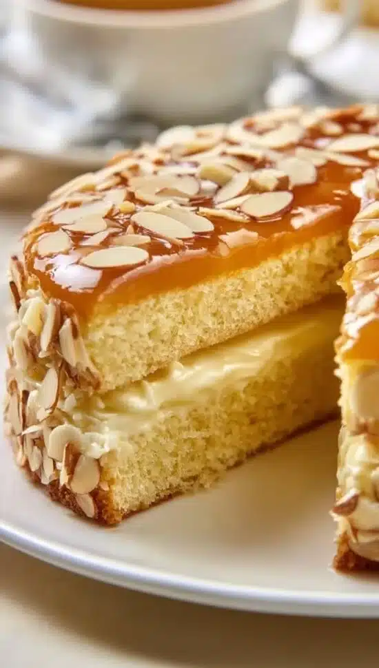 Slice of German Bee Sting Cake topped with honey and almond slices