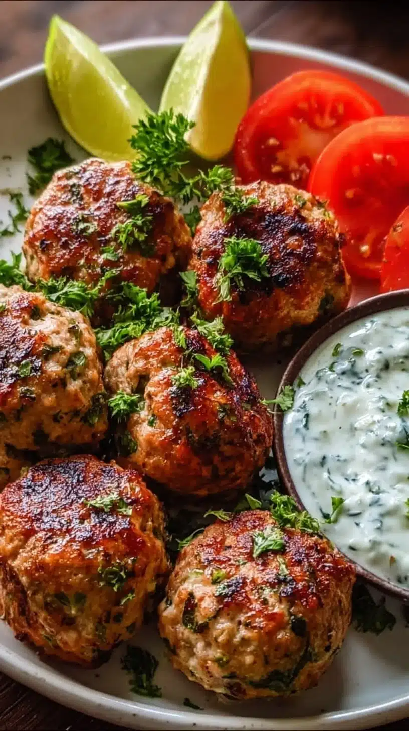Delicious Greek turkey meatballs served with tzatziki sauce on a plate.