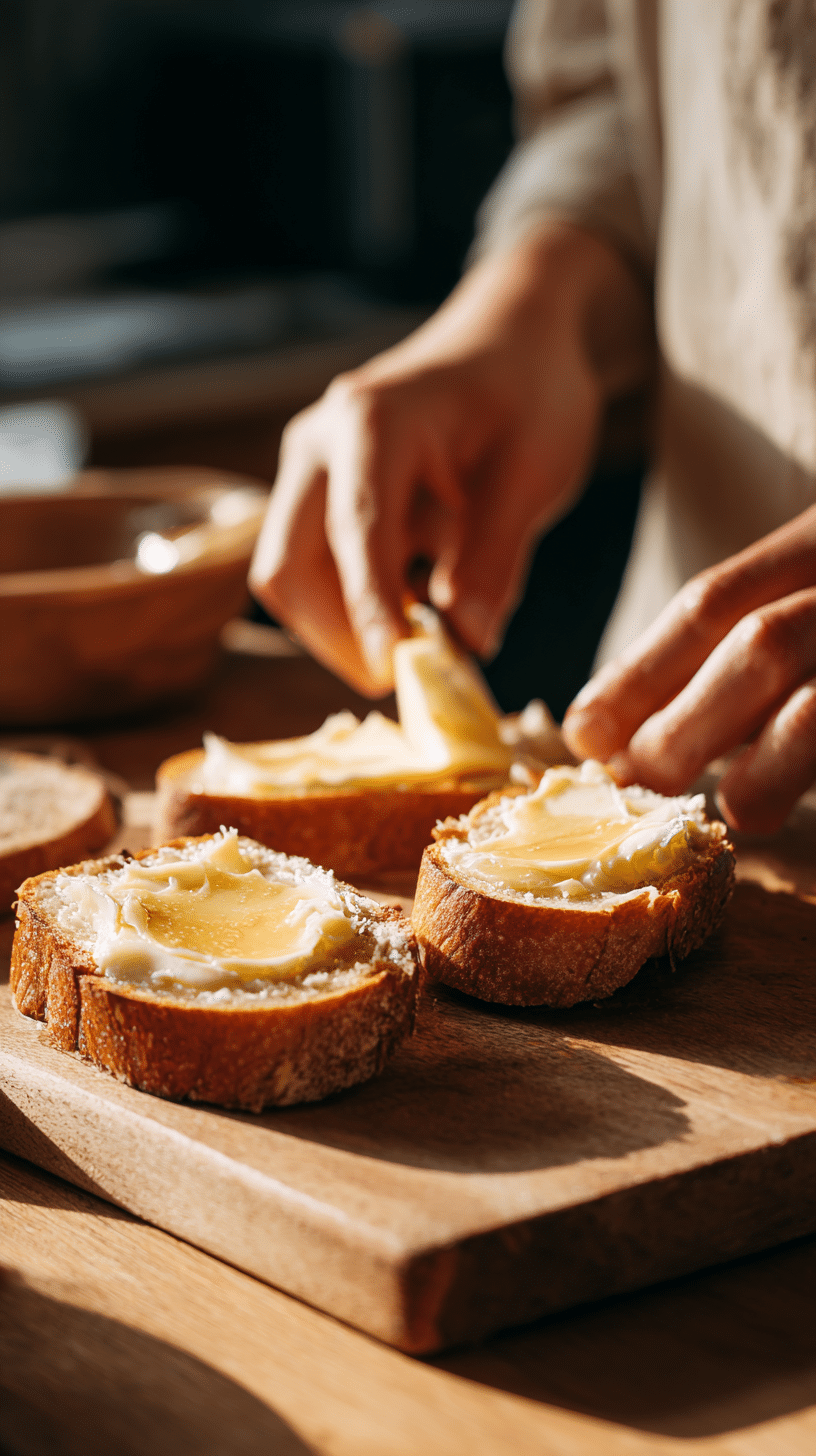 Butter being spread on bread slices for a grilled cheese sandwich.