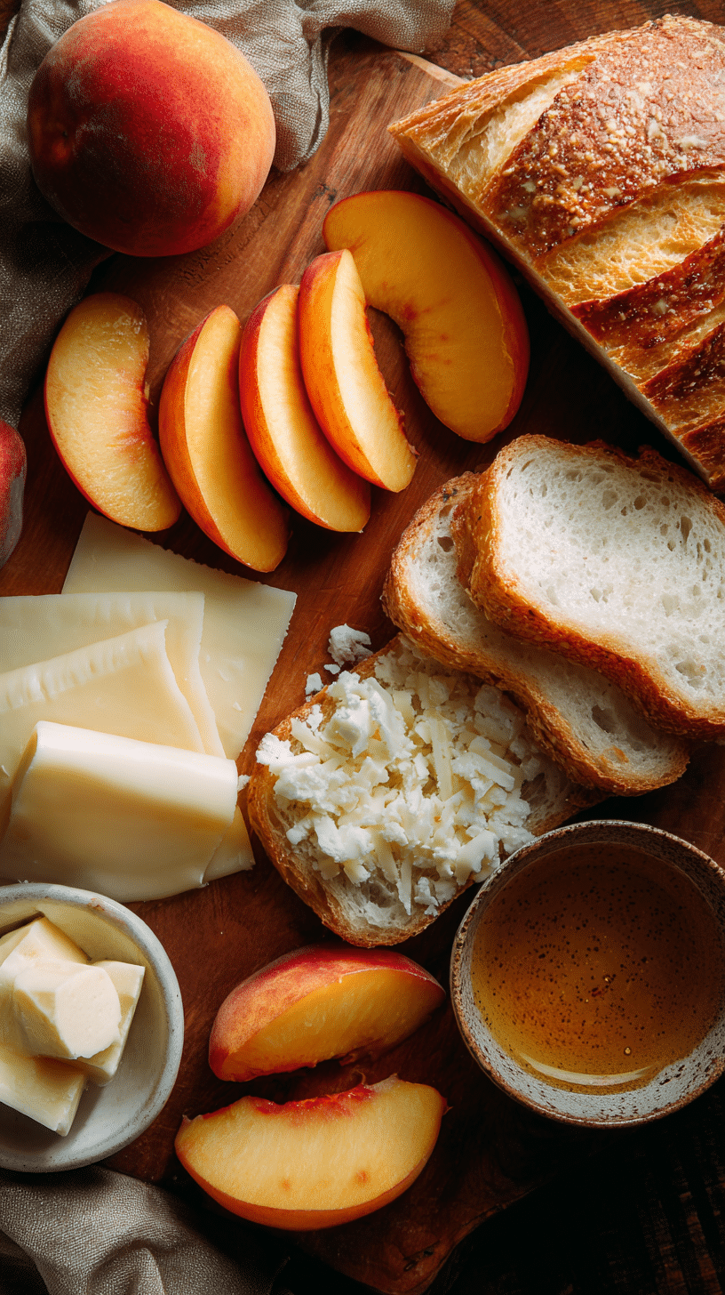Ingredients for Honey Peach White Cheddar Grilled Cheese displayed on a counter.