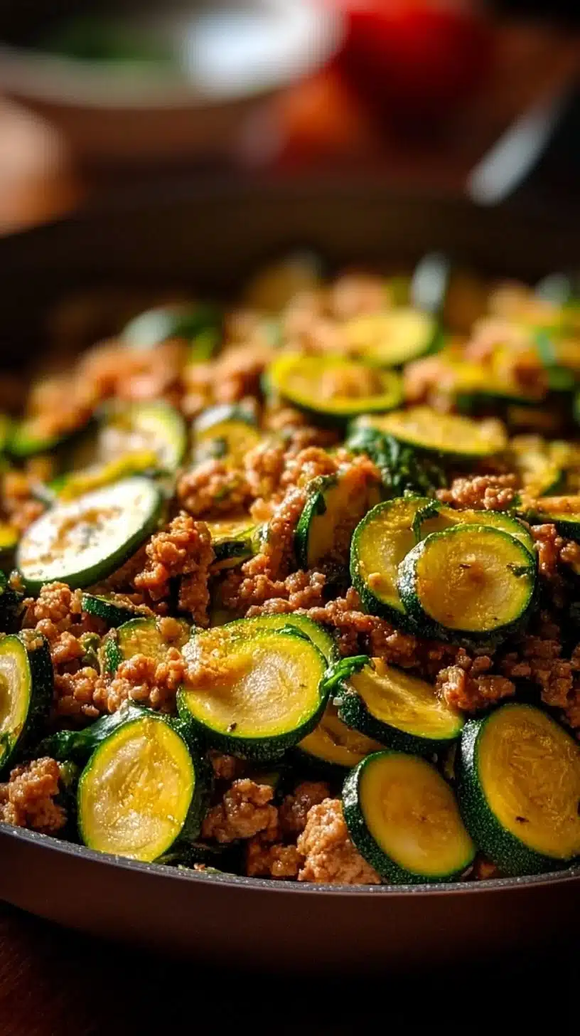 Ground Turkey and Zucchini Skillet dish served in a skillet