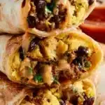 High protein breakfast burritos filled with eggs, beans, and vegetables