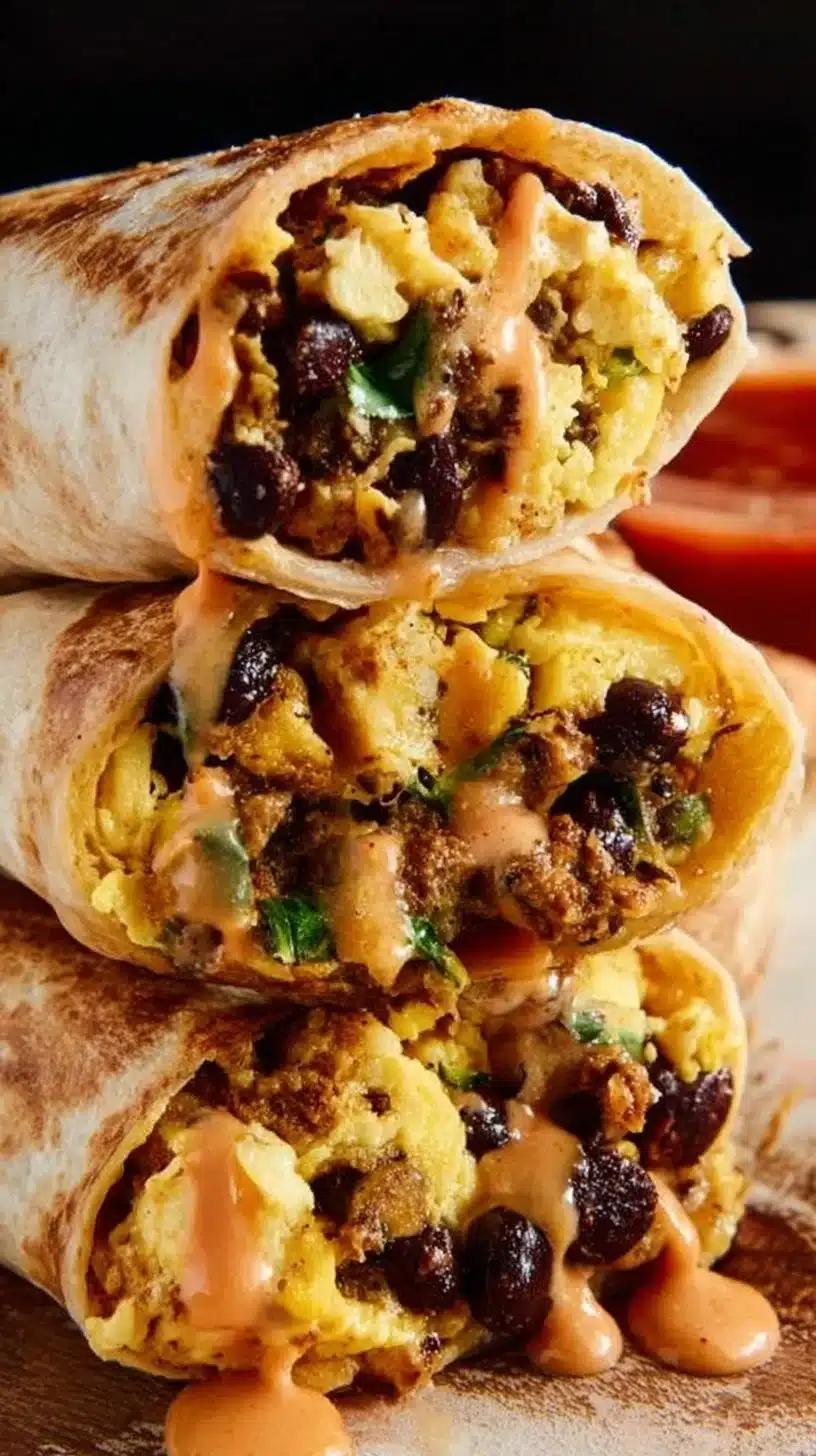 High protein breakfast burrito filled with eggs, beans, and vegetables