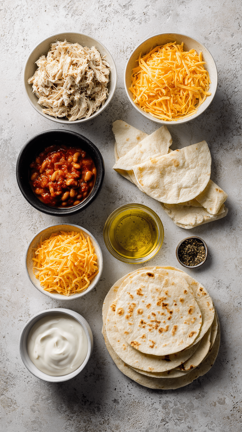 Ingredients for Homemade Chicken Quesadillas arranged on a countertop