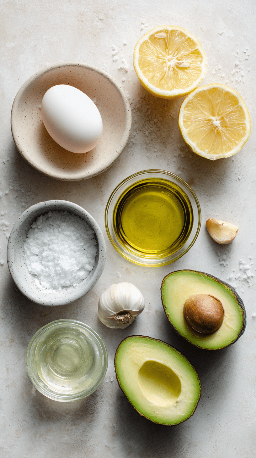 Ingredients for Homemade Mayonnaise Recipe arranged on a light surface.