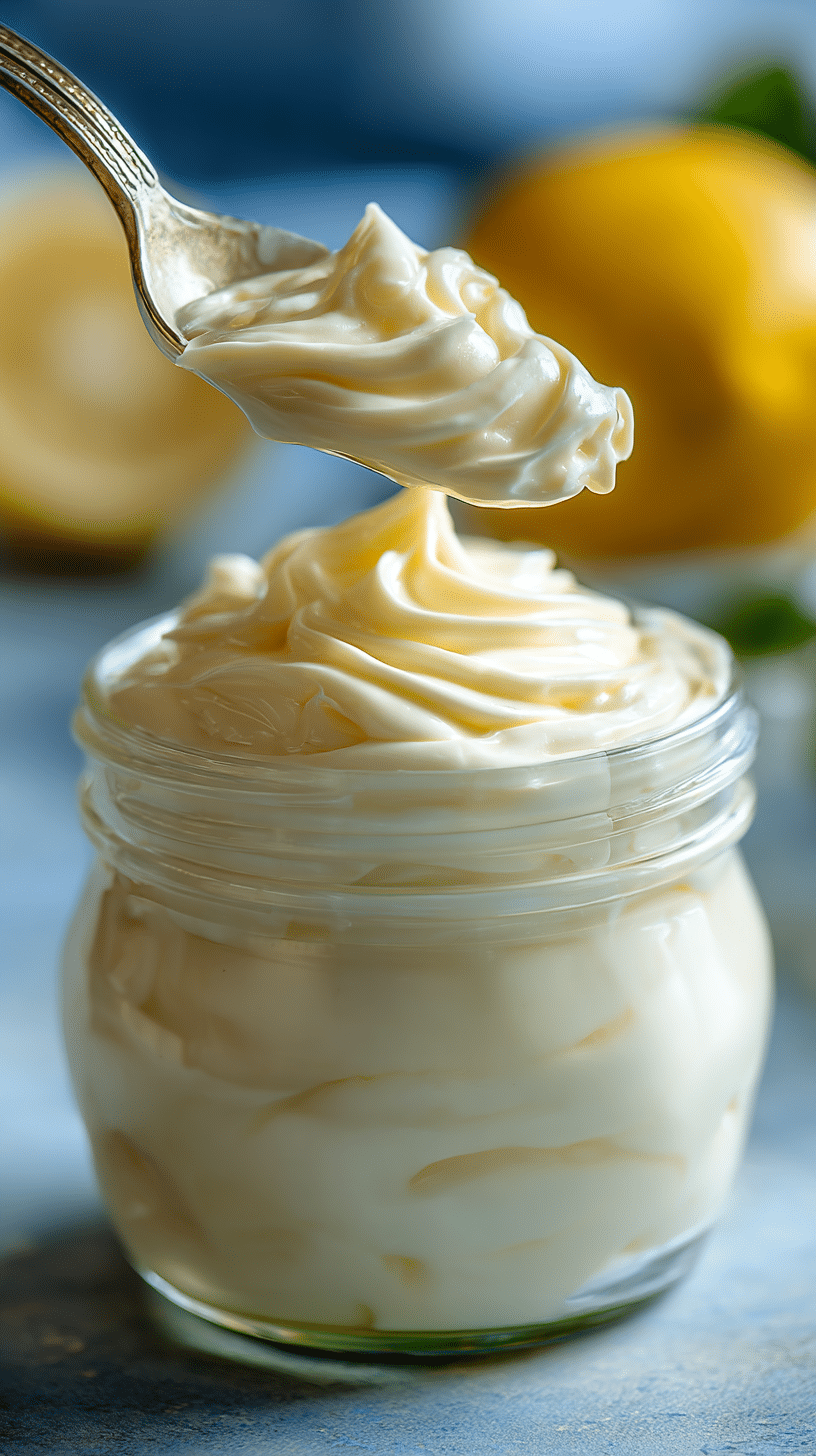 Close-up of homemade mayonnaise showing a smooth, glossy emulsion.
