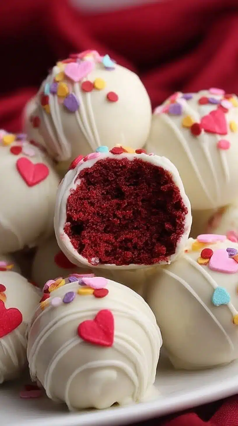 Homemade red velvet cake balls ready to be served on a platter