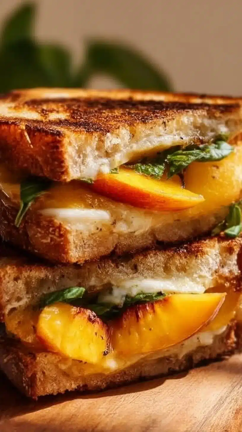 Honey Peach White Cheddar Grilled Cheese sandwich with melted cheese and peach slices