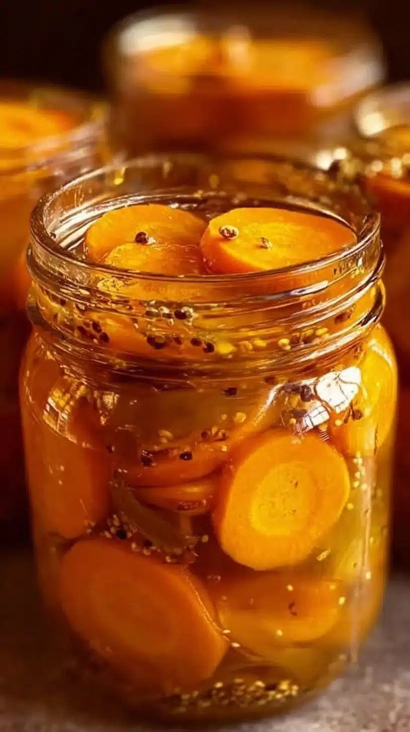 Jar of hot honey pickled carrots with spices and honey drizzled on top.