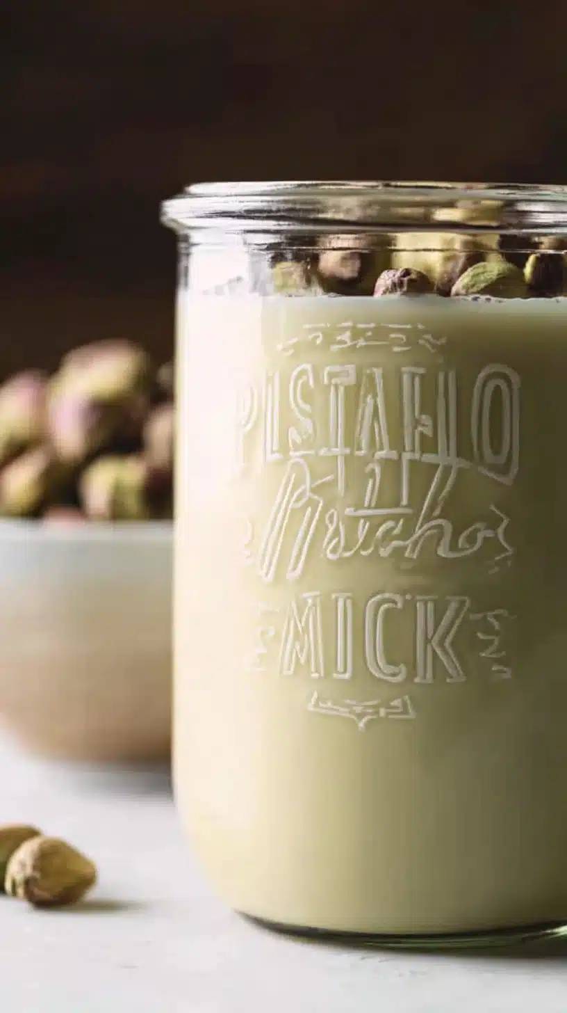 Homemade pistachio milk in a glass with pistachios and a bowl.