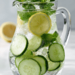 Ice water Hack Recipe with lemon cucumber and mint in an ice-filled glass pitcher