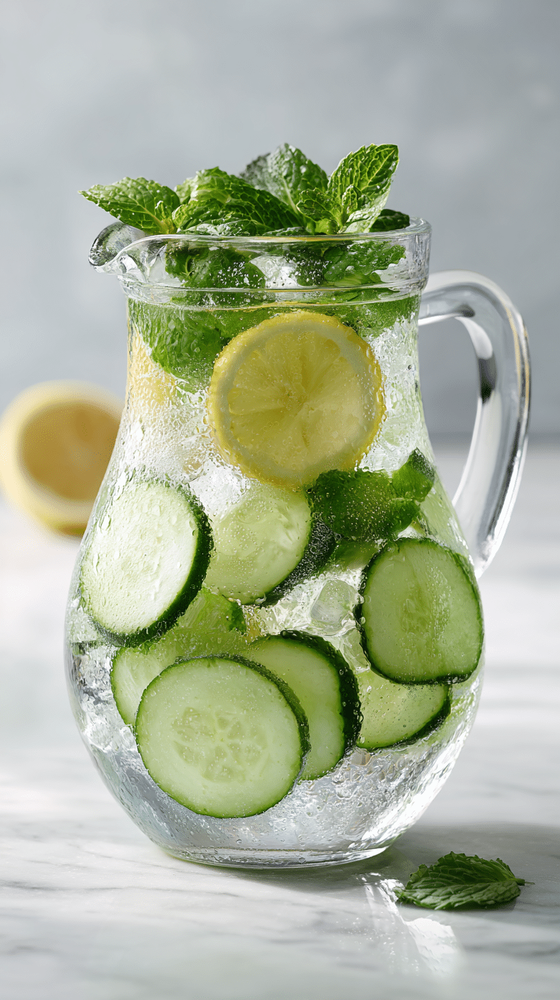 Ice water Hack Recipe with lemon cucumber and mint in an ice-filled glass pitcher