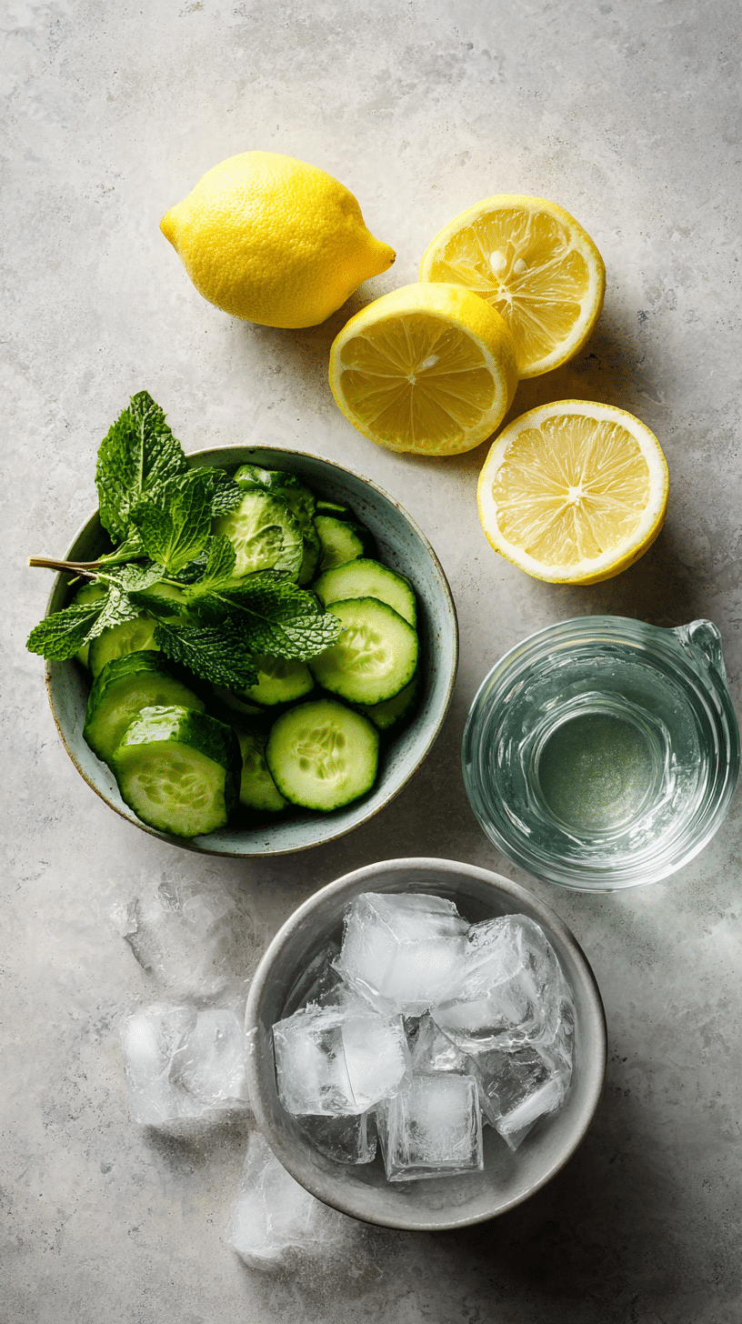Ingredients for Ice Hack Recipe including lemon cucumber mint ice and water