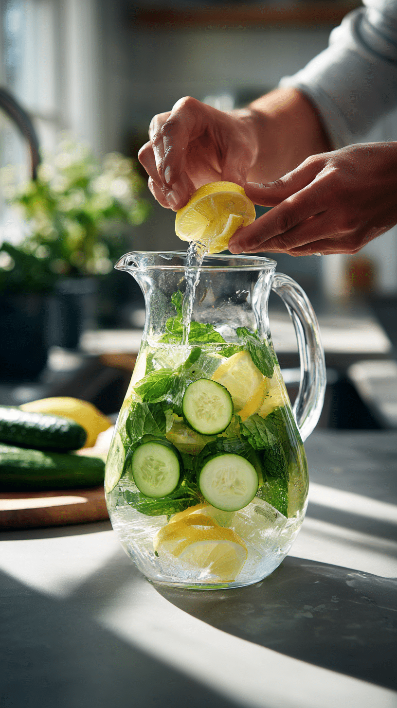 Preparing Ice Hack Recipe by adding lemon cucumber and mint to a pitcher