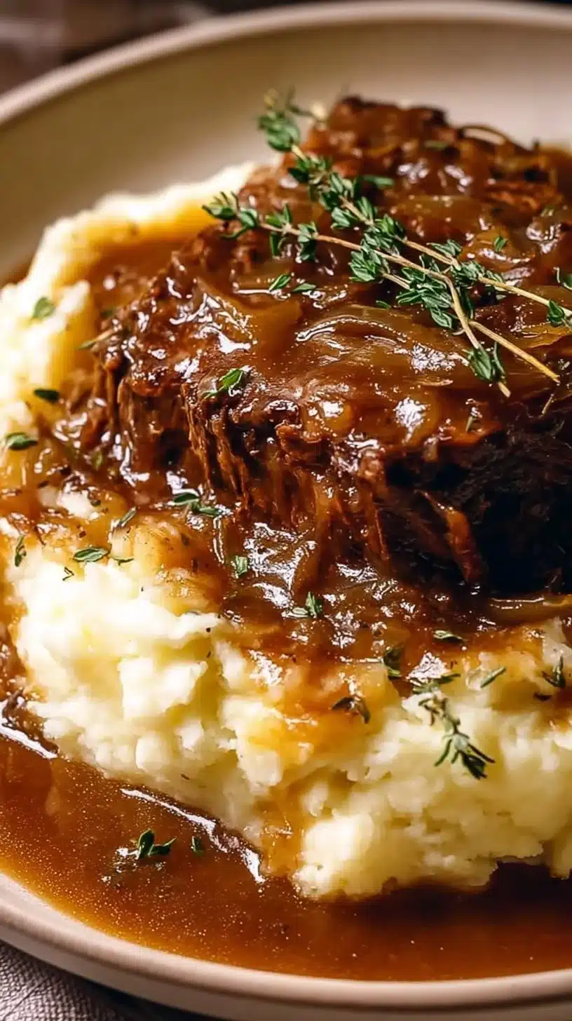 Juicy French Onion Pot Roast served with herbs and onions
